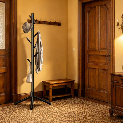 This New Black Wooden Coat Rack Features A Stable Triangular Base, 8 Hooks With 3 Adjustable Positions, And Is Suitable For Various Scenarios And Easy To Assemble.