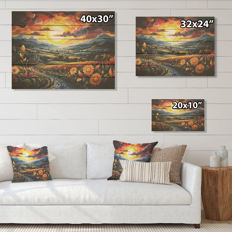 «Whimsical Magical Fields» - Art mural en bois de ferme sur bois de pin naturel, H 24 po x l 32 po