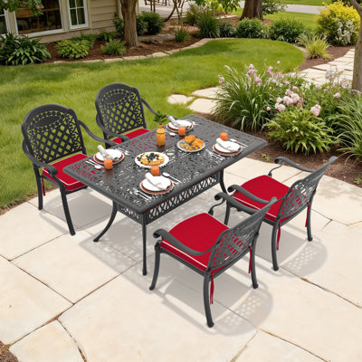 5-Piece 58.27"L Rectangular Patio Dining Set with Umbrella Hole, 4 Stackable Chairs, Red Cushions