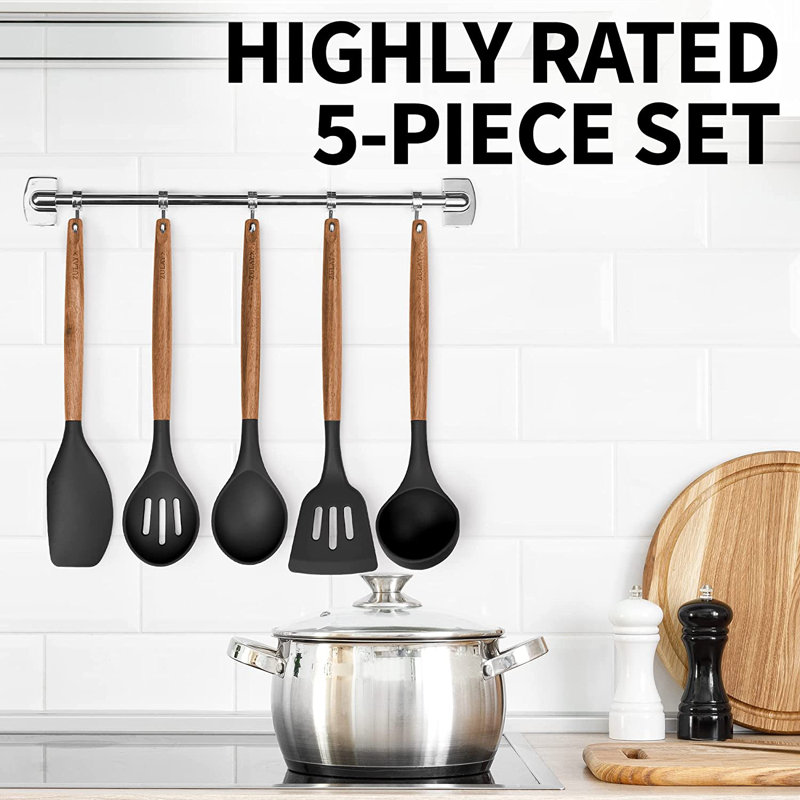 Black Silicone Cooking Utensils Set with Acacia Wood Handles, 5 Piece