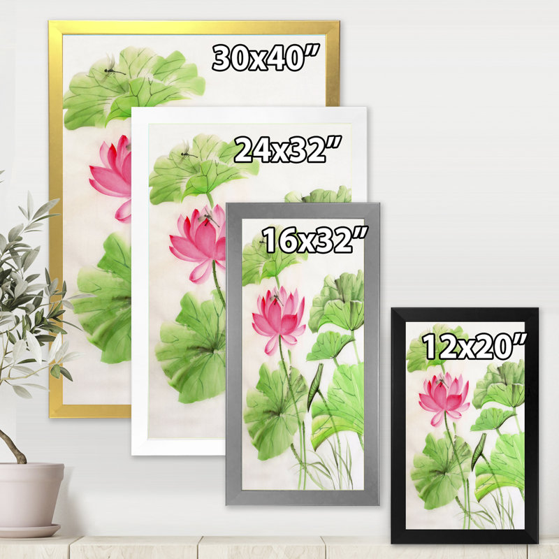 Lotus et libellule - reproduction sur toile, H 20 po x l 12 po x P 1,5 po, Toile avec cadre argenté