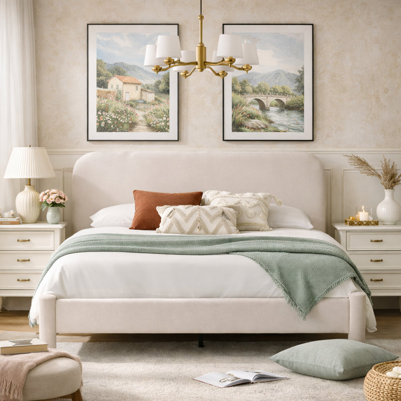 Reigen Curved Headboard Upholstered Platform Bed With Soft Rounded Corners,Beige,Full, Beige, Full / Double