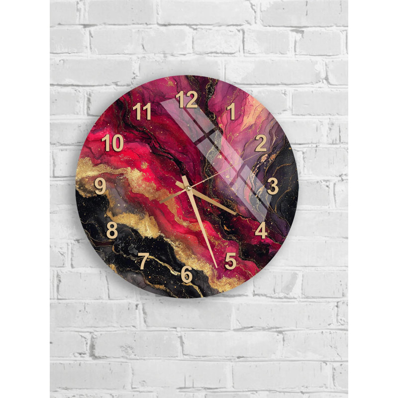Abstrait horloge murale en verre trempé, horloge Art moderne, horloge décorative rouge or noir, Unique Home Decor, horloge décorative, décoration murale élégante