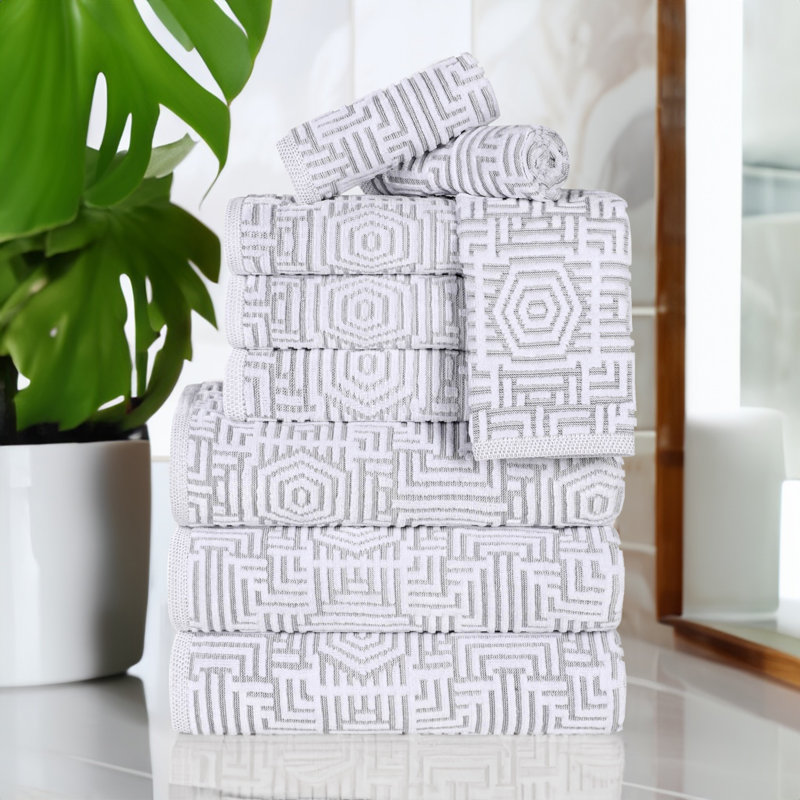 Cotton Modern Geometric Jacquard Soft Highly-Absorbent Assorted 9 Piece Bathroom Towel Set, Platinum