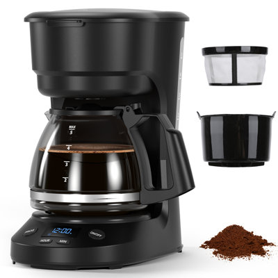 Compact 5-Cup Coffee Maker – 24H Programmable Timer, Keep Warm Function, 25Oz Water Tank, Overheat Protection, And Auto-Shutoff. Ideal For Home, Office, Or Outdoor Adventures (Black)