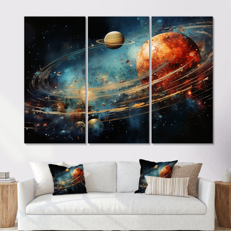 Saturn Ruby Rings Orbiting Elegance - Notre ensemble de décoration murale système solaire, H 28 po x l 36 po x P 1 po