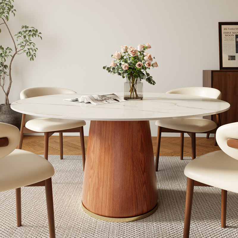 7 - Piece Round Stone Dining Table Set Solid Wood Pedestal (1 Table 6 Chairs), 29.52" H x 53.15" W x 53.15" D, White