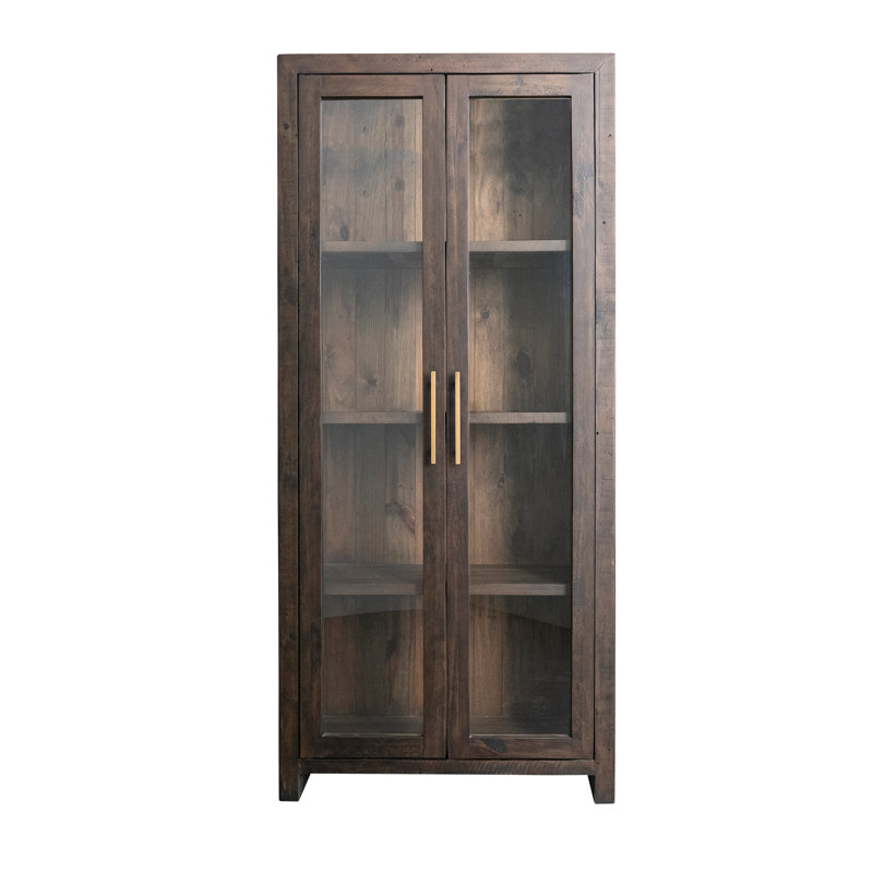 Armoire en bois de pin avec 2 portes en verre, 3 tablettes et poignées en métal
