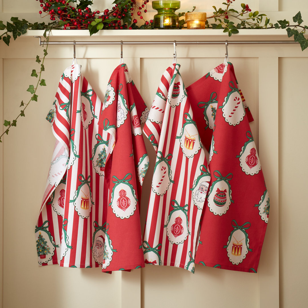 Catherine Lansfield Unisex Red 'Christmas Vintage Stripe' Cotton Kitchen Tea Towel Pack Of 4 In | Size: 4 Pack - Image 3