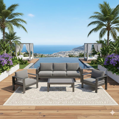 Ensemble de conversation moderne en aluminium 4 pièces pour patio, canapé 5 places avec coussins épais et structure et table basse
