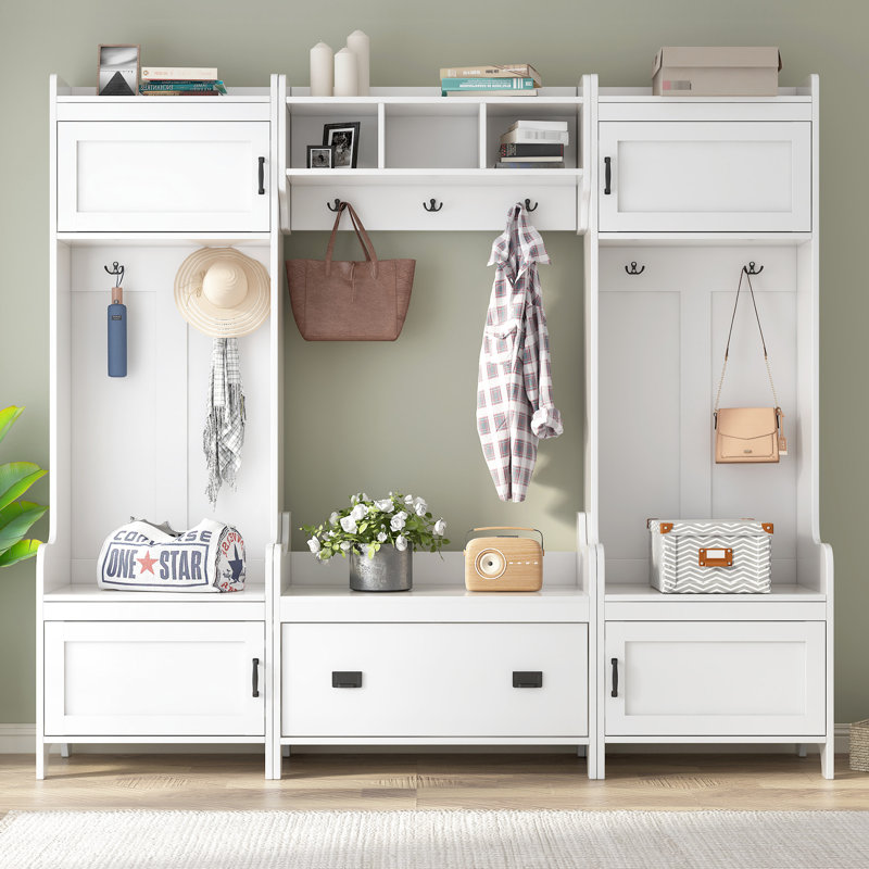 Portemanteau blanc, banc d'entrée avec tiroirs, 4 armoires, 41 rangements, banc, blanc, beaucoup de rangement