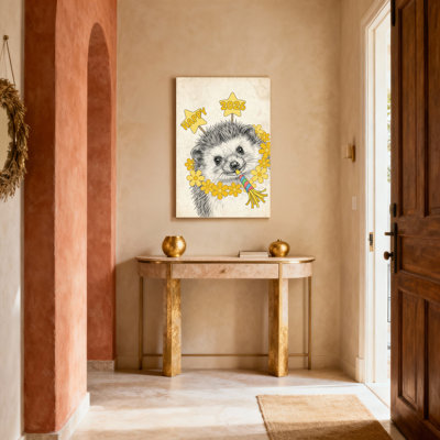 Hedgehog With Yellow Flowers And Stars 2026 Happy New Year Canvas Wrapped Wall Art Oil Painting Print Set Of 1