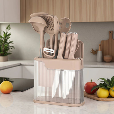 Ensemble de 17 couteaux et ustensiles de cuisine moderne avec bloc de rangement transparent et planche à découper