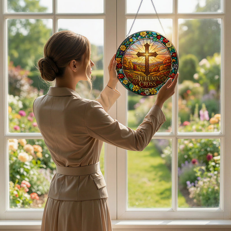 7.8"H Autumn Cross Stained Glass Window Panel, 7.8" H x 7.8" W