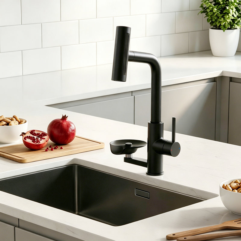 Single Lever Pull-Out Kitchen Mixer Tap With Integrated Glass Rinser, Black