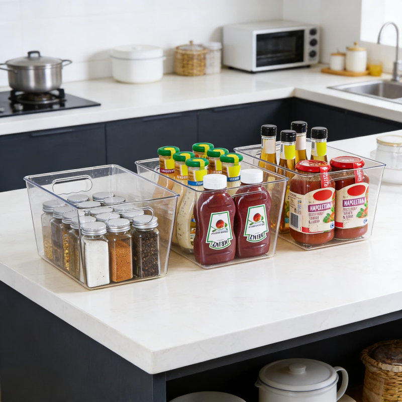 Clear Plastic Storage Bins With Handles, 10-Pack Stackable Organizer Bins For Kitchen Pantry, Refrigerator, Freezer, And Cabinet Organization,No Lid