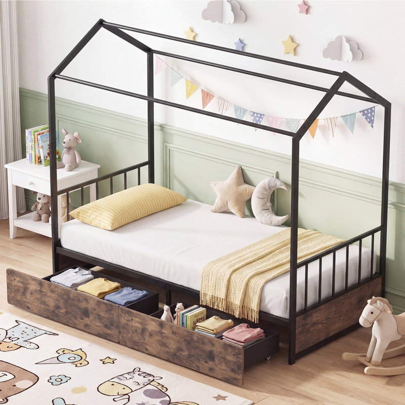Single Size House Bed Heavy-Duty Metal Platform Bed with 2 Drawers, Brown