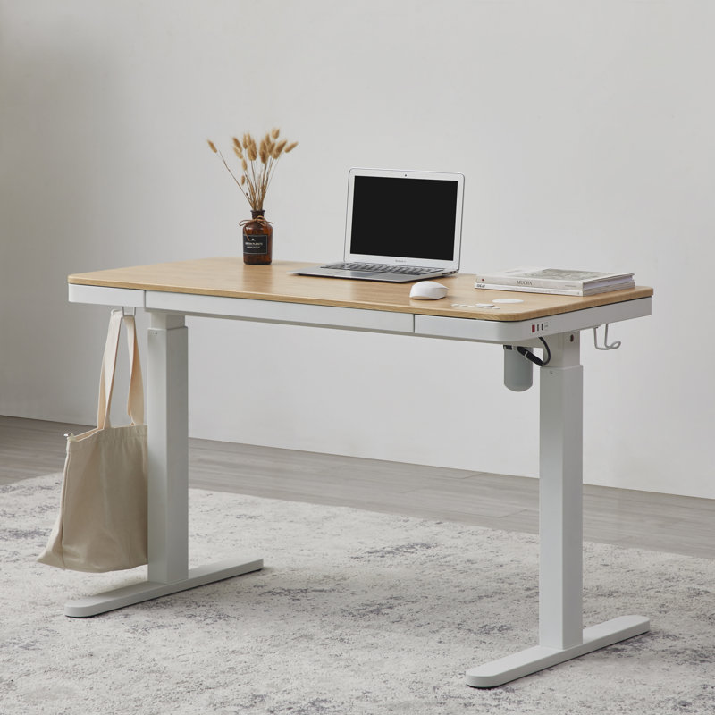 Keb Home Office Height Adjustable Glass Top Standing Desk with Drawer, Brown/White
