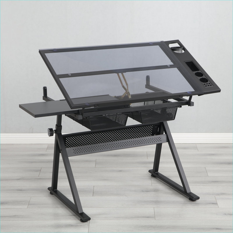 Table à dessin à hauteur réglable avec chaise, plateau en verre trempé de 5 mm | Noir | Rangement en acier