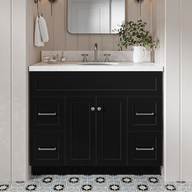 Meuble-lavabo sur pied simple 42 po avec plateau en quartz Abell, Noir