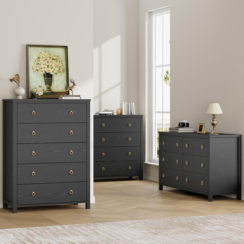 Commode 4/5 tiroirs pour chambre à coucher, commode noire moderne avec rangement pour vêtements, Noir