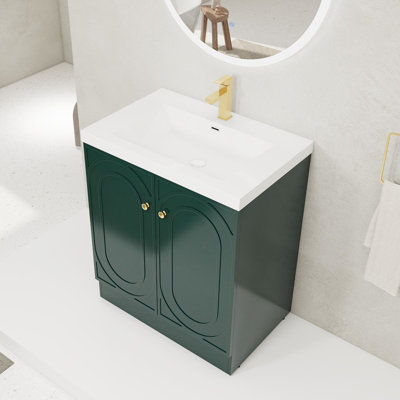 Meuble-lavabo autoportant de 30 po avec lavabo en résine blanche et 2 portes d'armoire à fermeture en douceur - style moderne pour lavabo foncé