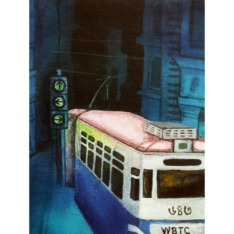 «Kolkata debout train dans la nuit», peinture acrylique sur toile par Payel Mitra