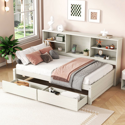 Twin Size Bed Frame With Side Bookshelves, Two Drawers, And Built-In USB Port For Creamy White Color