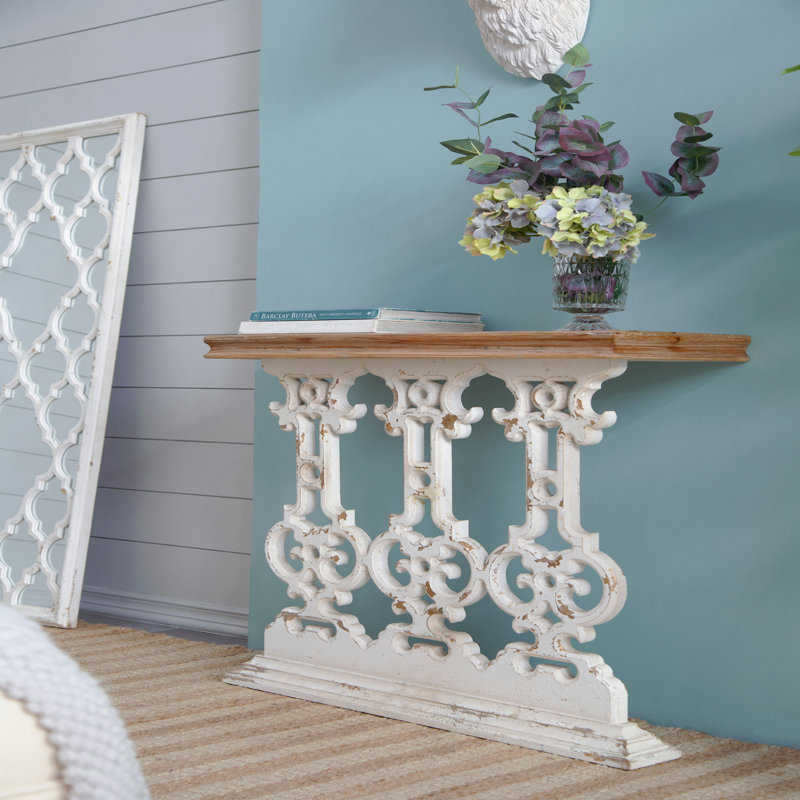 Console rétro classique 32 "x 12" x 32 ", blanc délavé avec plateau en bois brun