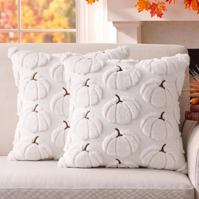Housses de coussin automnales citrouille, ensemble de 2, 40 x 40 cm, blanches, douces et moelleuses, en fausse fourrure. Décorations d'automne pour la maison, idéales pour l'Action de grâce et les récoltes. Convient au porche, au divan, au lit ou au salon.