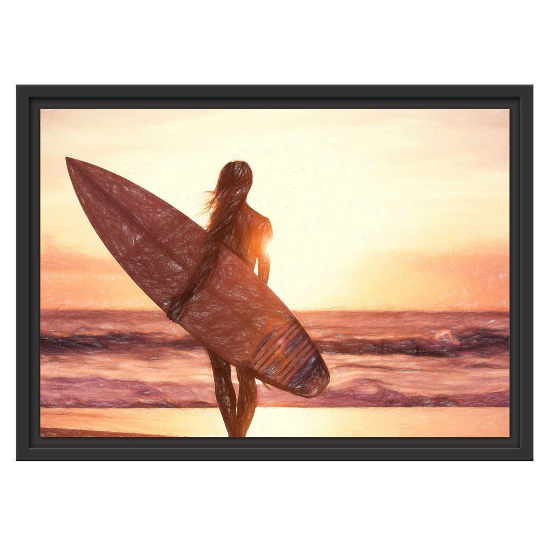 Gerahmtes Wandbild Surferin vor Sonnenuntergang