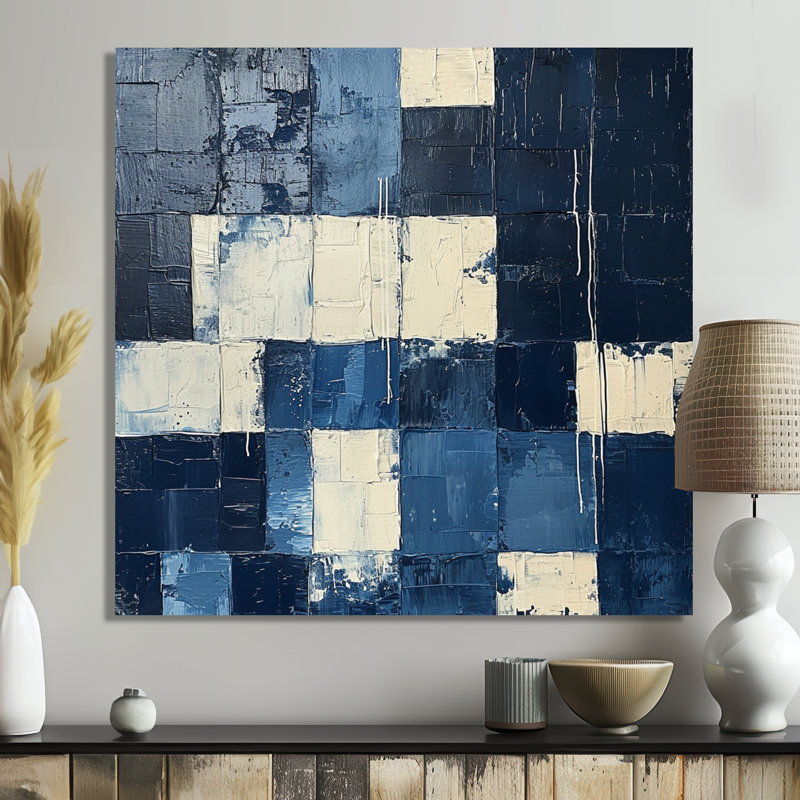 Cubist Square Royal Blue And White - Abstract Wall Art Decor, Black Floater Framed Canvas, 16" H x 16" W x 1" D