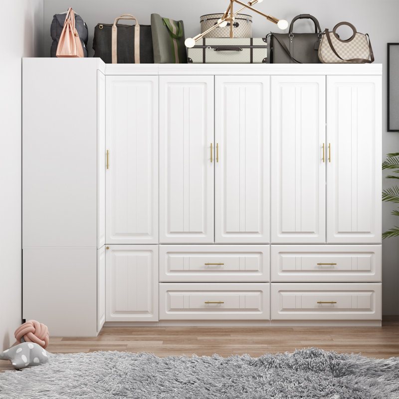 Grande armoire d'angle avec poignées et tiroirs dorés - l 98,4 po x H 74,2 po