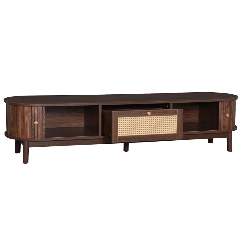 Modern Design TV Stand For 75" Tvs, Media Console TV Cabinet With Rattan-Front Drawer For Living Room, 1 Drawer And 2 Sliding-Door Cabinets