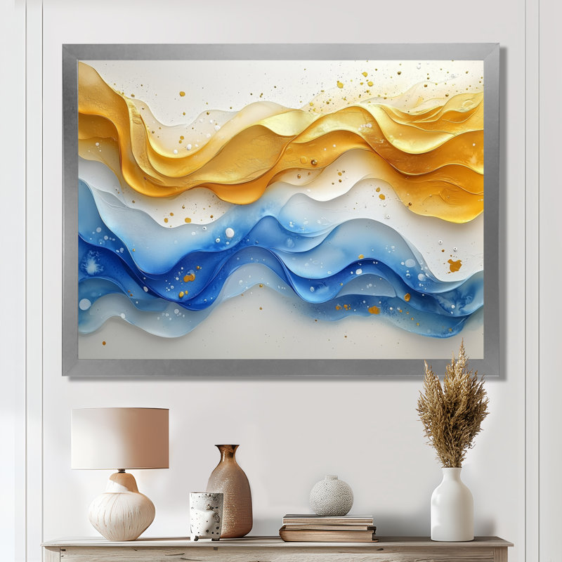 «Blue Yellow Dream Lines I - vagues côtières», art mural, Argent argent, Cadre simple, H 12 po x l 20 po