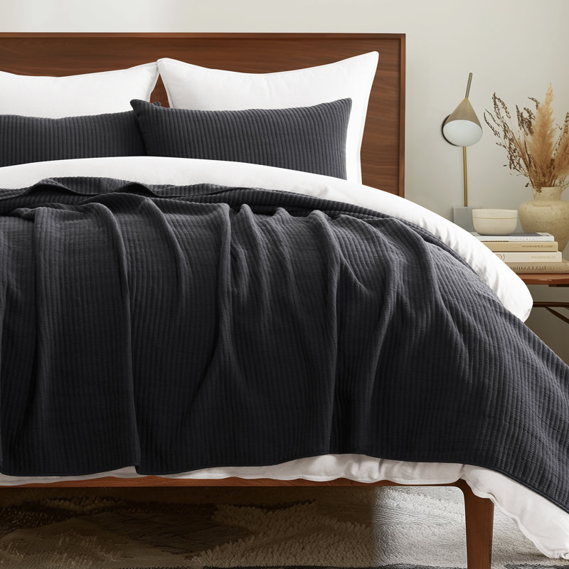 Ensemble de couvre-lit en coton côtelé matelassé, Courtepointe pour lit grand + deux taies décorati, Noir délavé