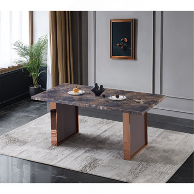 Table de salle à manger rectangulaire en MDF synthétique pour 6 ou 8 personnes, L 70,8 po x l 35,4 po x H 29,8 po, luxueux pieds en acier inoxydable à effet de pierre, moderne, durable, facile à assembler pour la cuisine / le salon / les réunions - brun