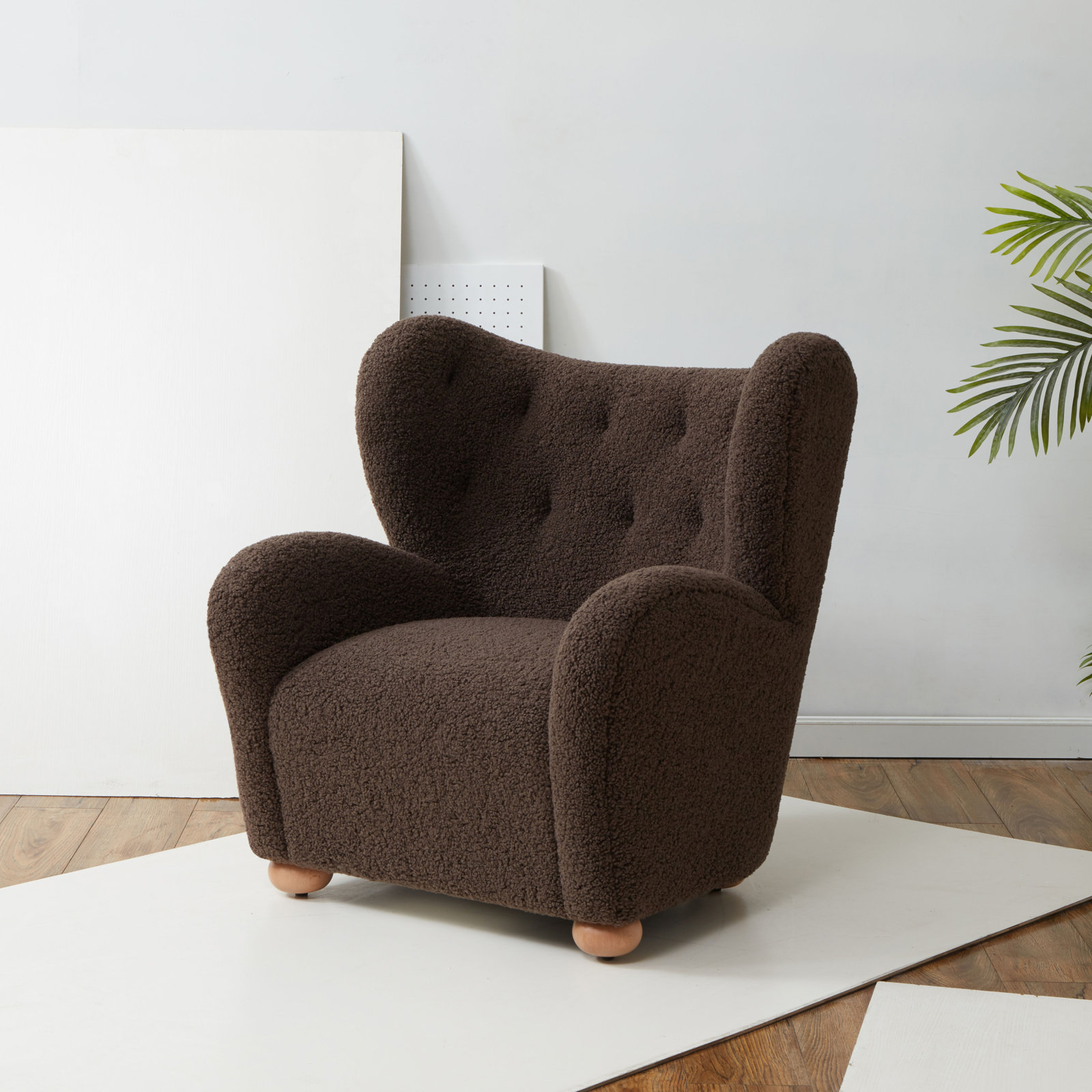 Levin Wingback Accent Chair, Dark Brown Faux Shearling