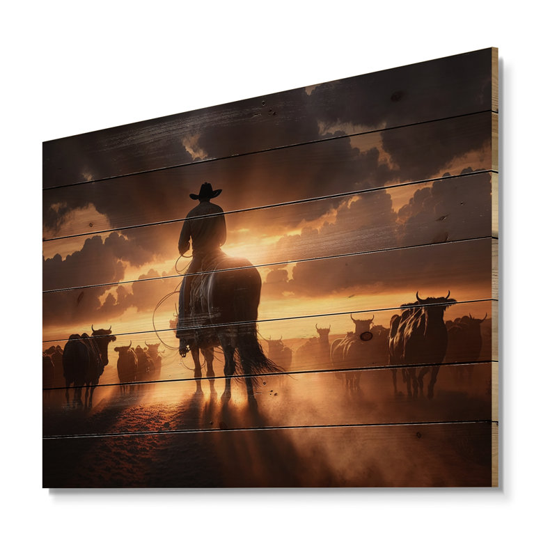 Wrangleur au coucher du soleil IV sur bois, H 10 po x l 20 po x P 0,78 po
