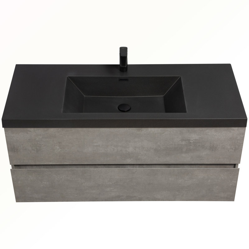 Meuble-lavabo flottant 48 po avec lavabo mural Celissa, meuble-lavabo mural moderne avec comptoir en quartz noir et tiroirs à fermeture en douceur, gris