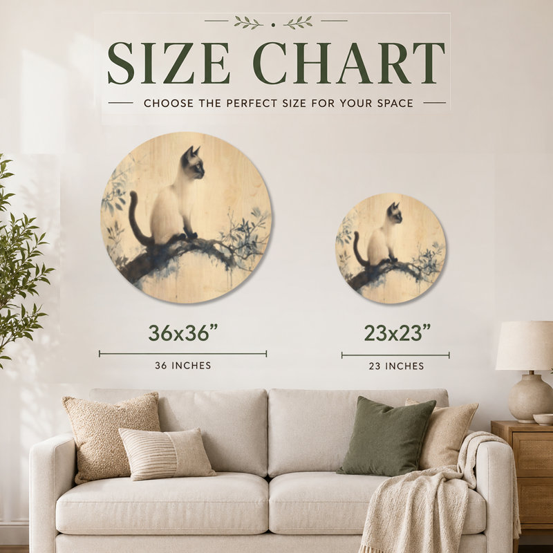 Décoration murale chat siamois encre - beige minimaliste rond en bois, Rond 36 po, Rond