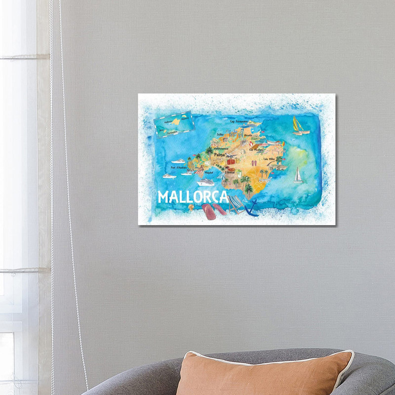 Mallorca Spain Illustrated Map With Landmarks And Highlights by Markus & Martina Bleichner - Painting on Canvas