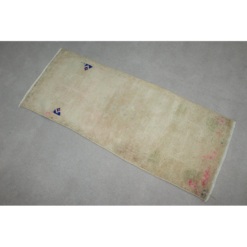Petit tapis turc Oushak rétro beige avec laine colorée tissée à la main pour la décoration de la cuisine et le paillasson