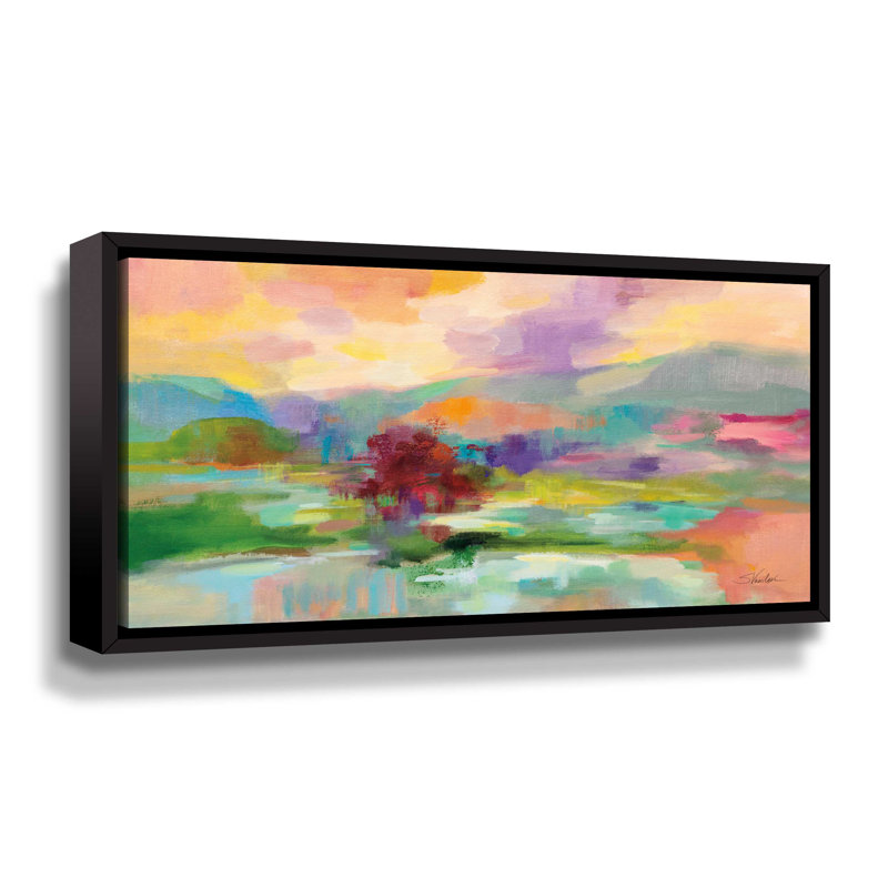 Coucher de soleil sur le lac - Peinture sur toile, Cadre flottant noir, H 6 po x l 12 po x P 2 po