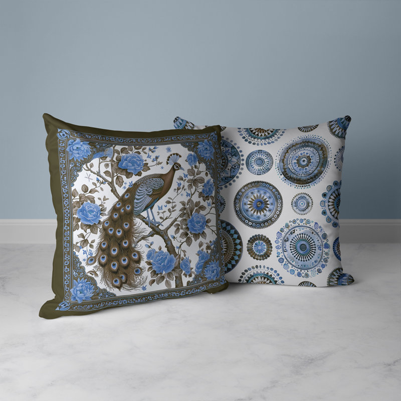 Coussin Peacock, Bleu / Orange, H 16 po x l 16 po