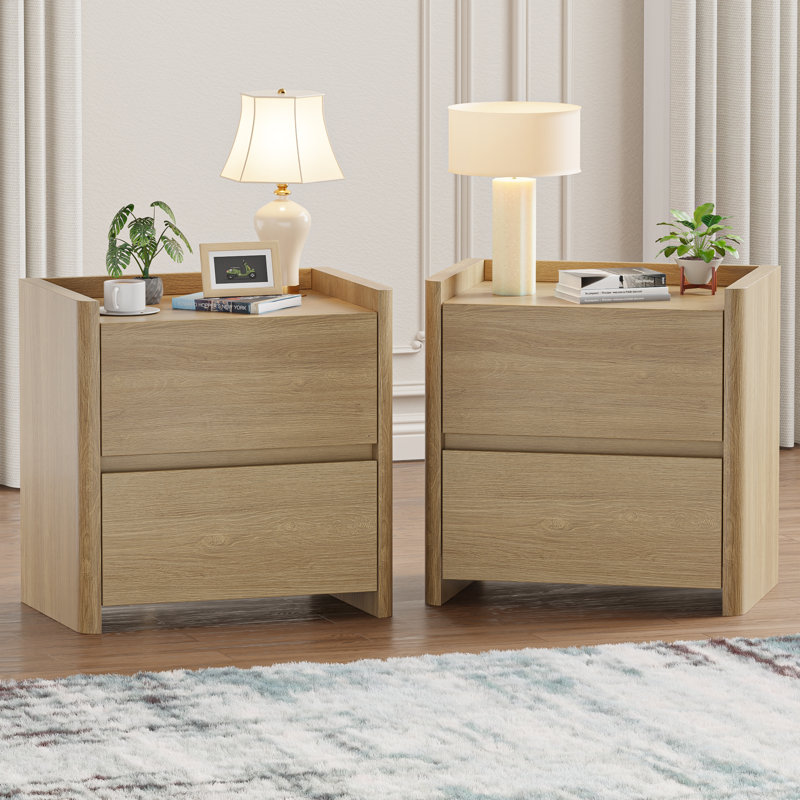 Table de chevet moderne à 2 tiroirs de 23,6 po de largeur, Ensemble de 2, Chêne
