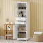 Armoire de rangement pour salle de bain de 63 po de hauteur avec portes en verre, deux tiroirs et tablettes réglables, panneau de fibres à densité moyenne-144545730
