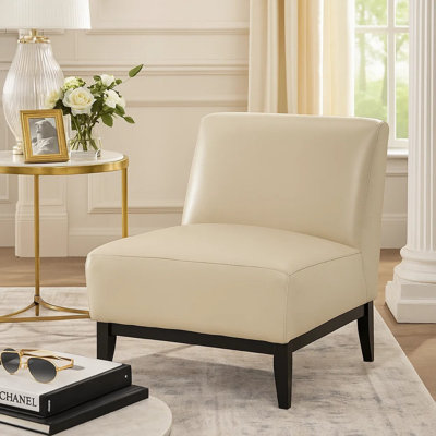 Fauteuil d'appoint Hoy, cuir fleur beige, pieds en bois massif noir