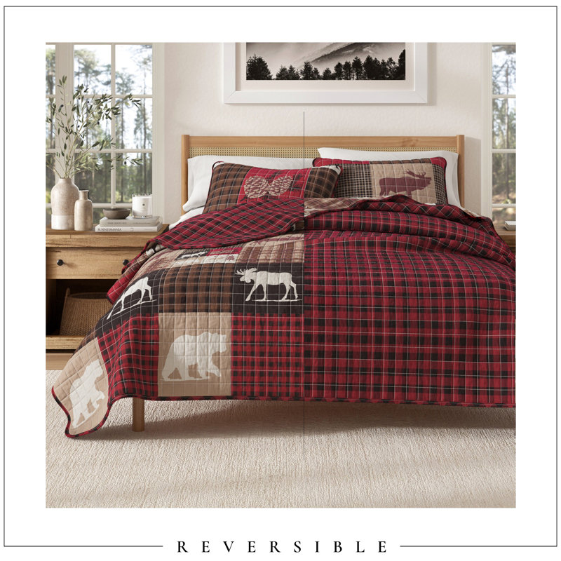 Ensemble de courtepointe réversible en microfibre Lodge Woodland and Patchwork, Pruche rouge / brun nature