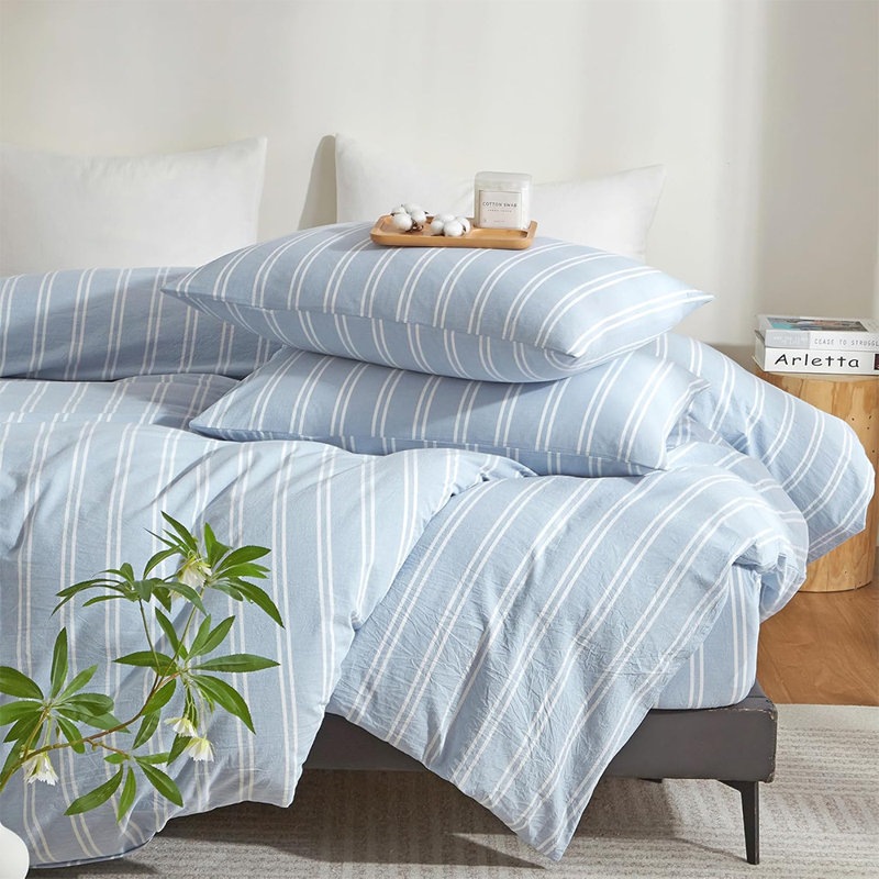 XINMIANFANG Striped Duvet Cover Set 100% Washed Cotton Linen Like Textured Vertical Stripes Bedding Comfy Breathable